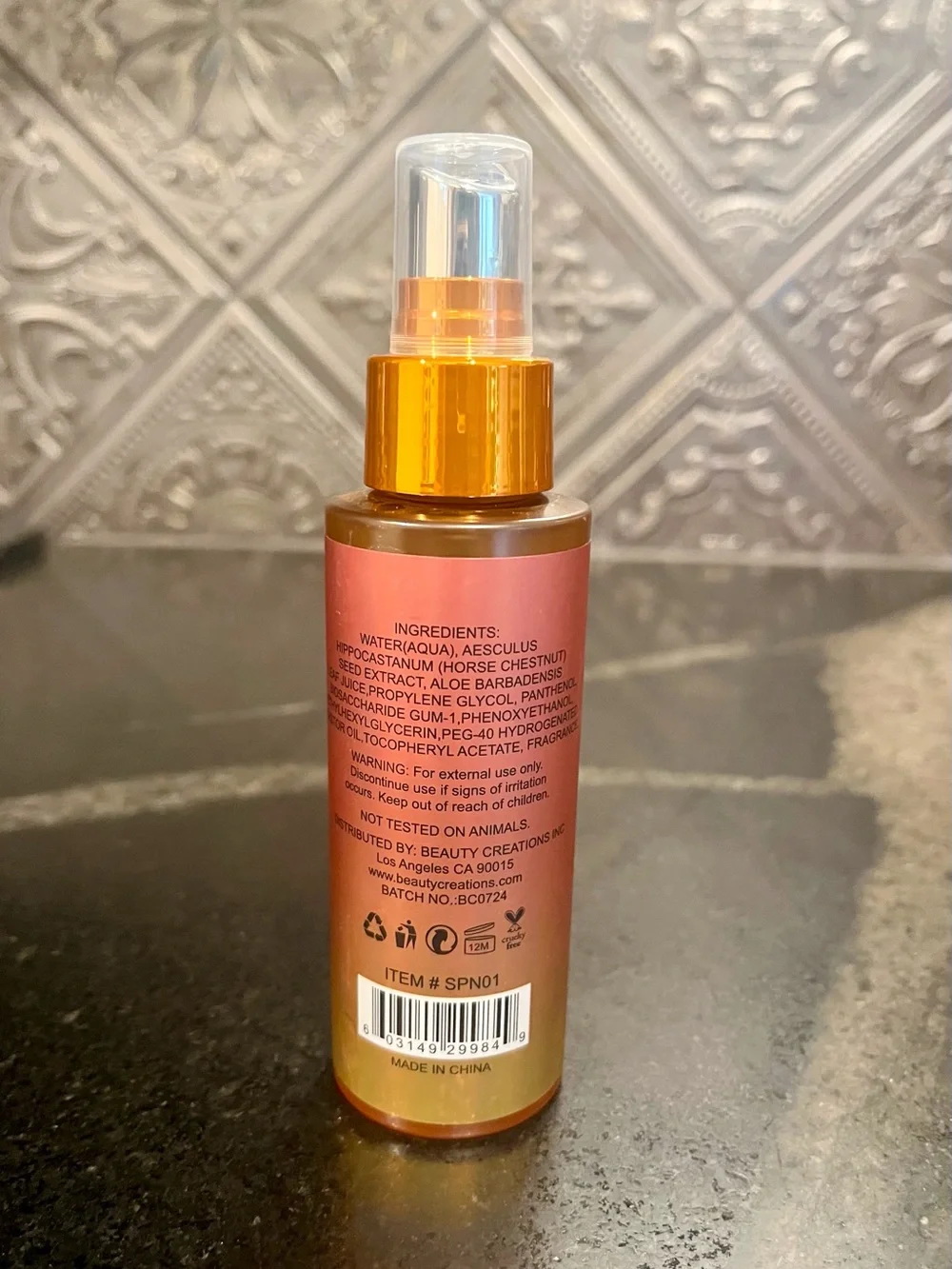 Beauty Creations Peach Setting Spray — Peach & Gold Bottle Accent